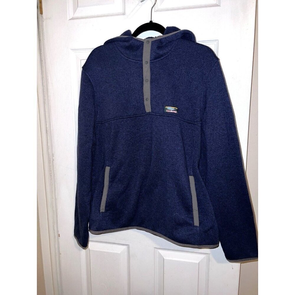 L.L. Bean Men’s Hooded Slightly Fitted Sweater Fleece 1/4 Snap Pullover Top L Rg - Picture 2 of 12